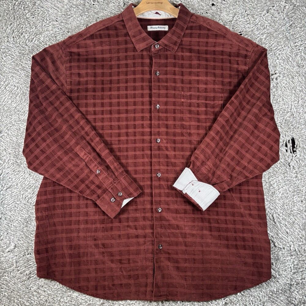 Tommy Bahama Check Island Corduroy Shirt Mens 2XLB (BIG) Burgundy Long Sleeve